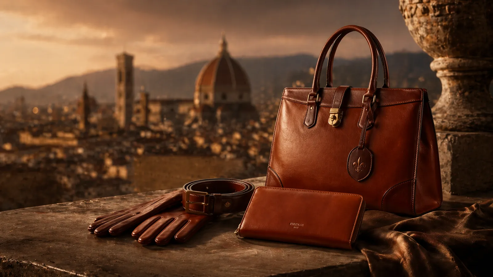 Leather handbag and accessories styled in warm golden light with Florence-inspired atmosphere