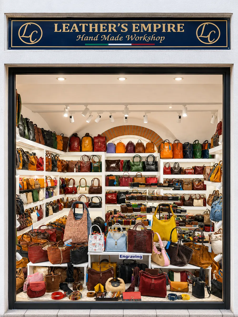 Bright storefront display with leather handbags and accessories